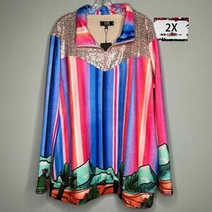 L&B 2X Plus pullover serape cactus mountain sequin